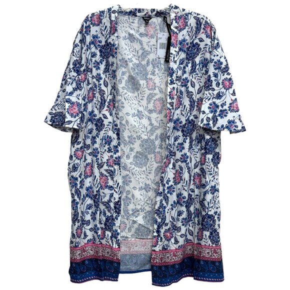 Large - BUFFALO DAVID BITTON - Kimono Floral Open Front Blue White Pink NEW - Picture 1 of 7
